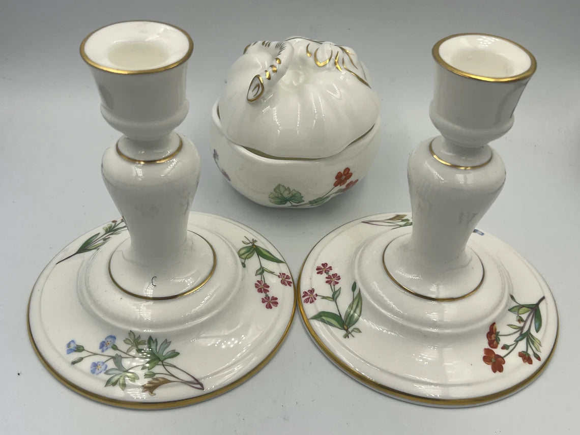 Antique Pair of Minton Porcelain Candlestick Candle Holder and Sugar Bowl w/ Painted Flowers - Royaltreasuryhouse