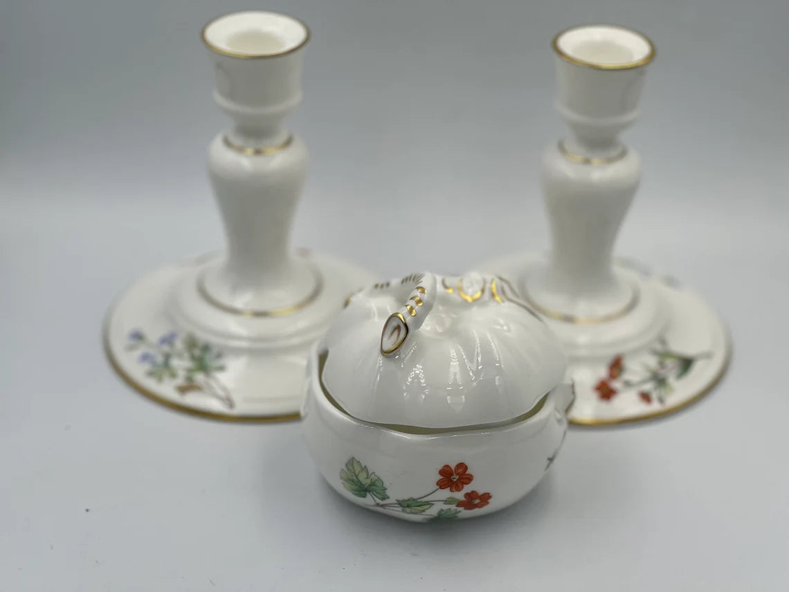 Antique Pair of Minton Porcelain Candlestick Candle Holder and Sugar Bowl w/ Painted Flowers - Royaltreasuryhouse