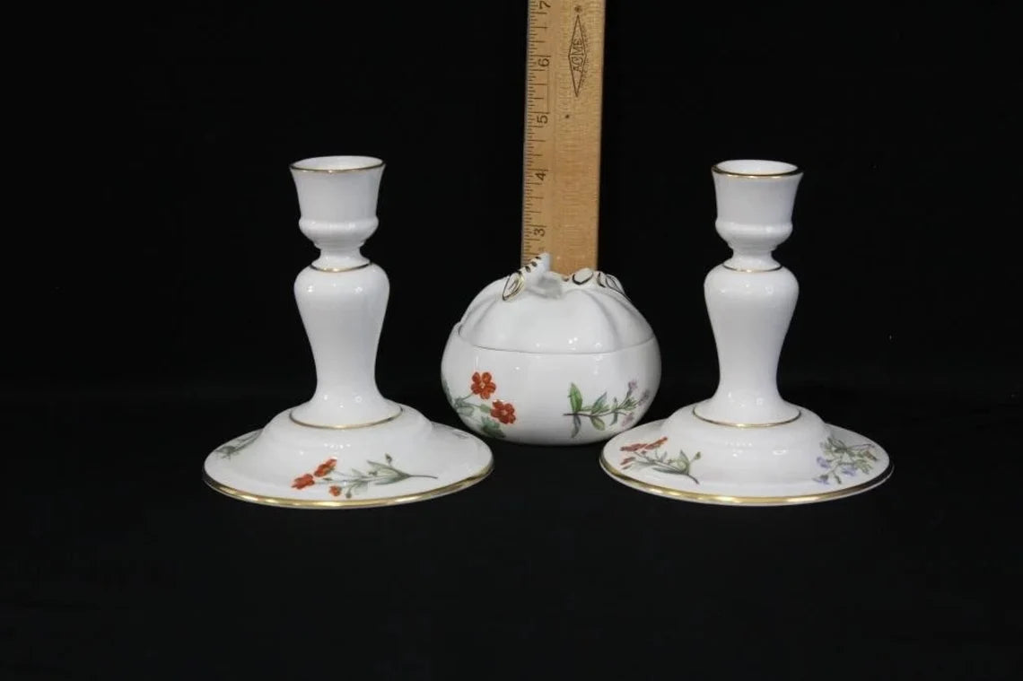 Antique Pair of Minton Porcelain Candlestick Candle Holder and Sugar Bowl w/ Painted Flowers - Royaltreasuryhouse