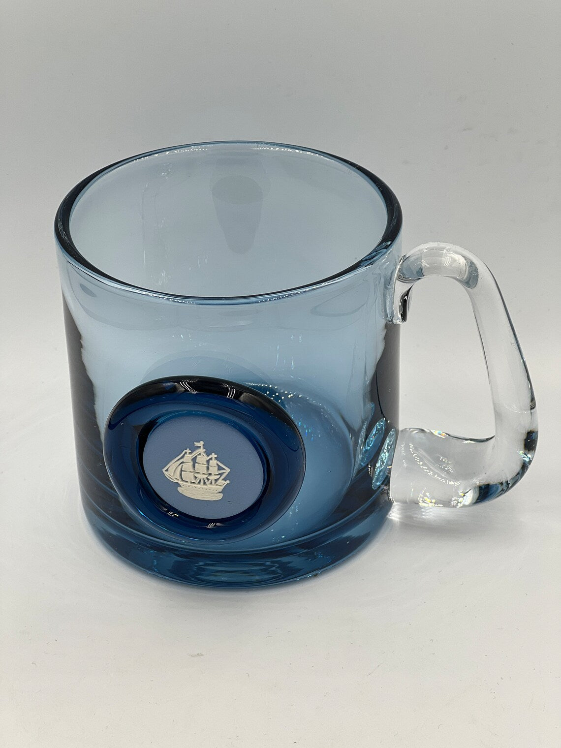 Vintage Wedgwood Blue Jasper Sailboat Ship Cameo Tankard Blue Crystal Glass Mug - Royaltreasuryhouse