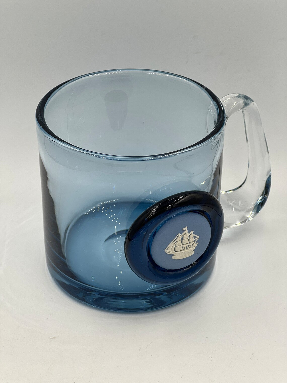 Vintage Wedgwood Blue Jasper Sailboat Ship Cameo Tankard Blue Crystal Glass Mug - Royaltreasuryhouse