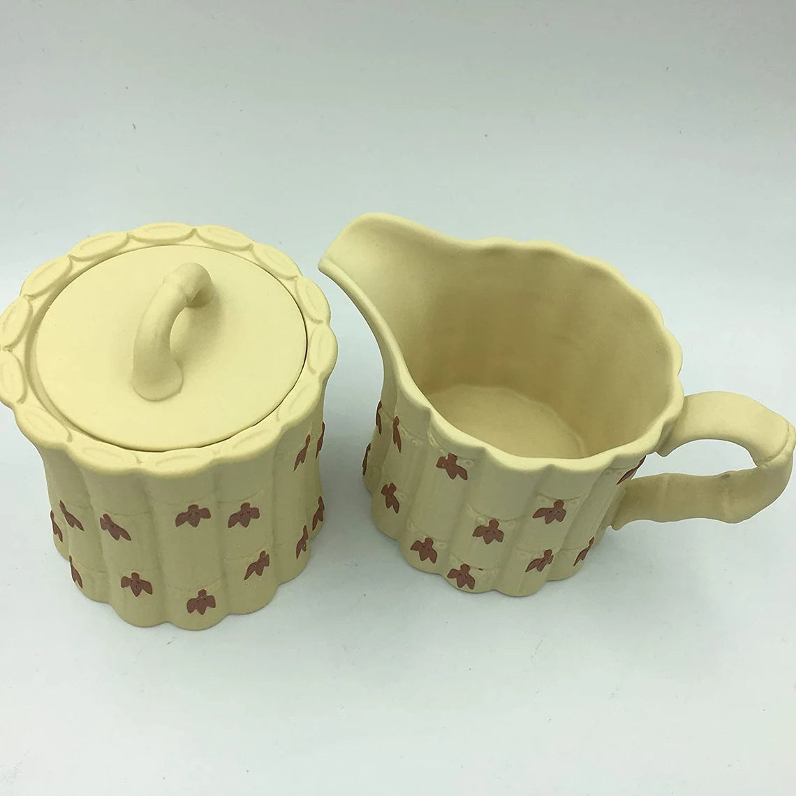 Wedgwood Primrose Terracotta Jasper Bamboo Sugar Bowl Lid & Ceamer Set - Royaltreasuryhouse