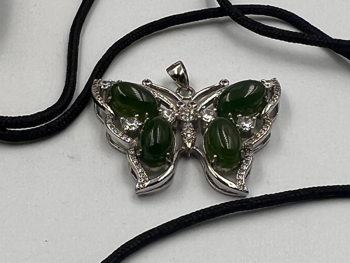 Butterfly Pendant Necklace of Green Nephrite Jade & Cubic Zirconia in Sterling Silver on 18" rope Chain - Royaltreasuryhouse