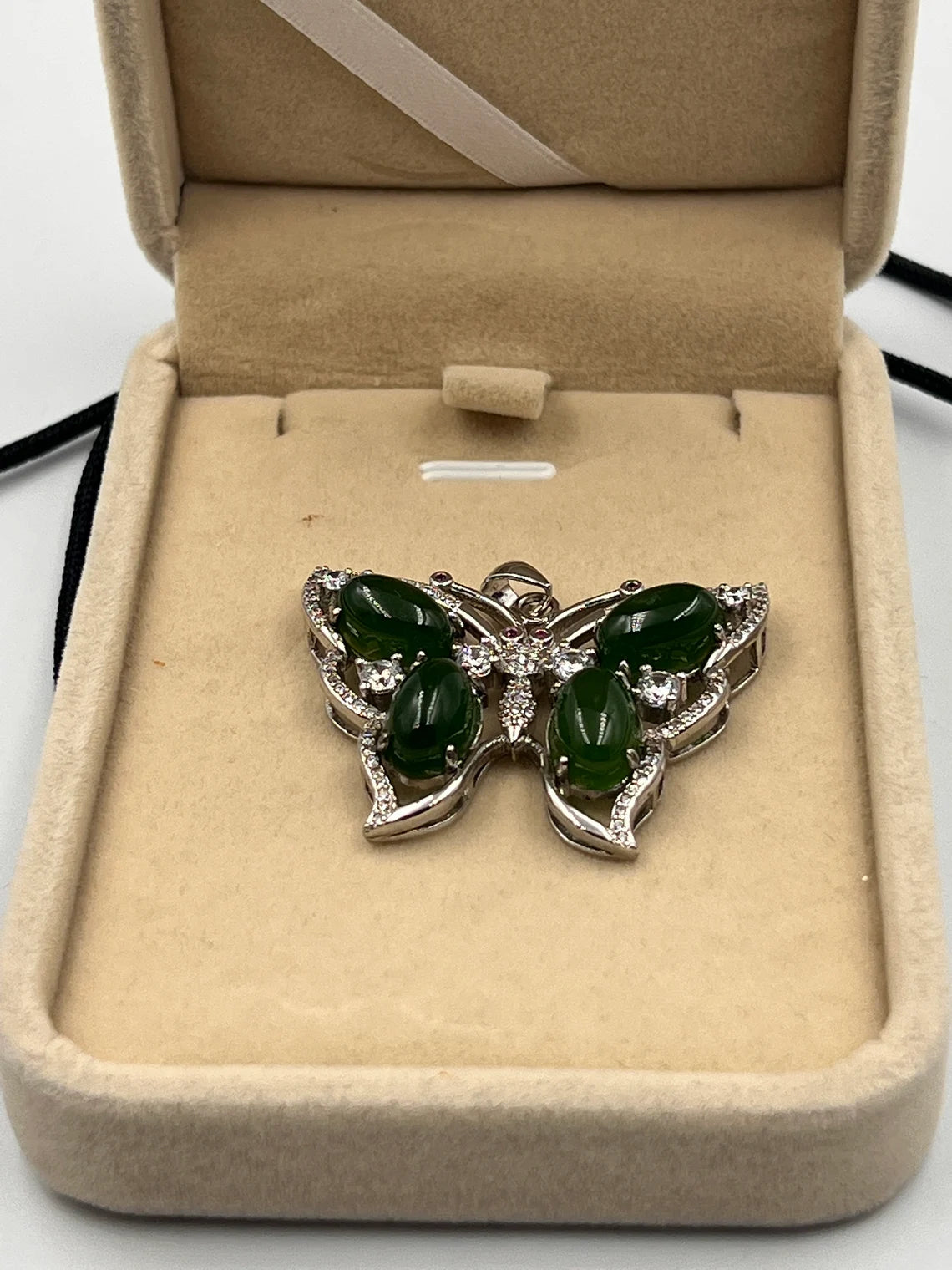 Butterfly Pendant Necklace of Green Nephrite Jade & Cubic Zirconia in Sterling Silver on 18" rope Chain - Royaltreasuryhouse