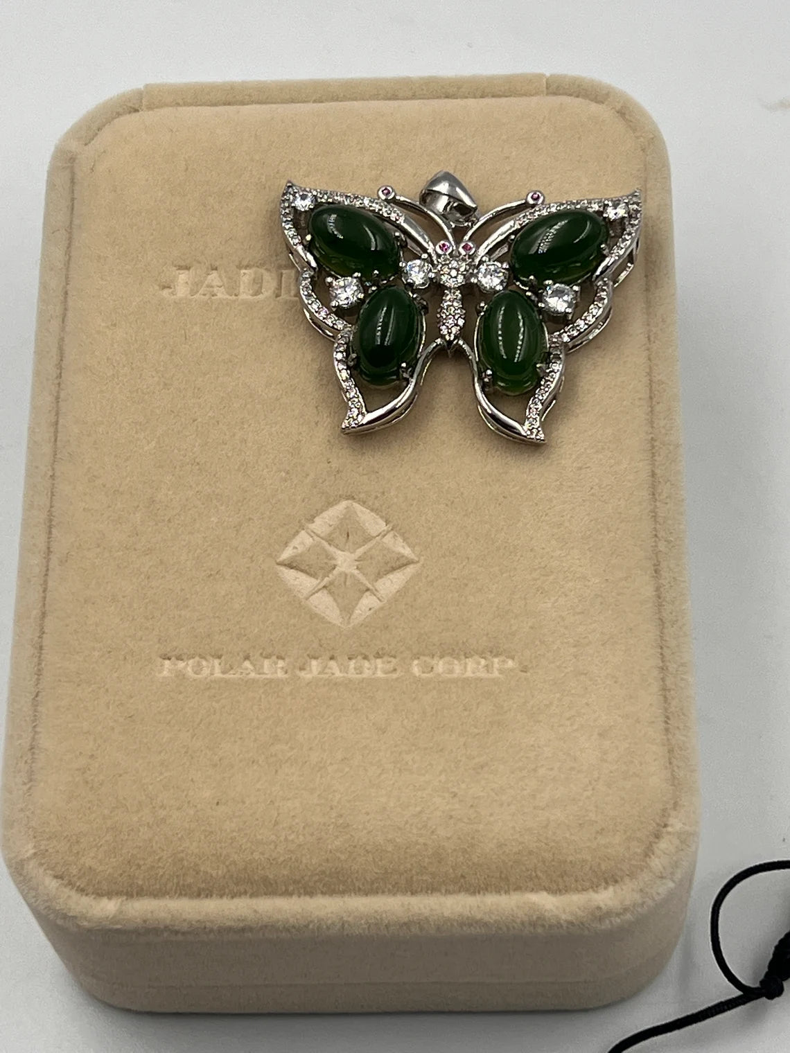 Butterfly Pendant Necklace of Green Nephrite Jade & Cubic Zirconia in Sterling Silver on 18" rope Chain - Royaltreasuryhouse