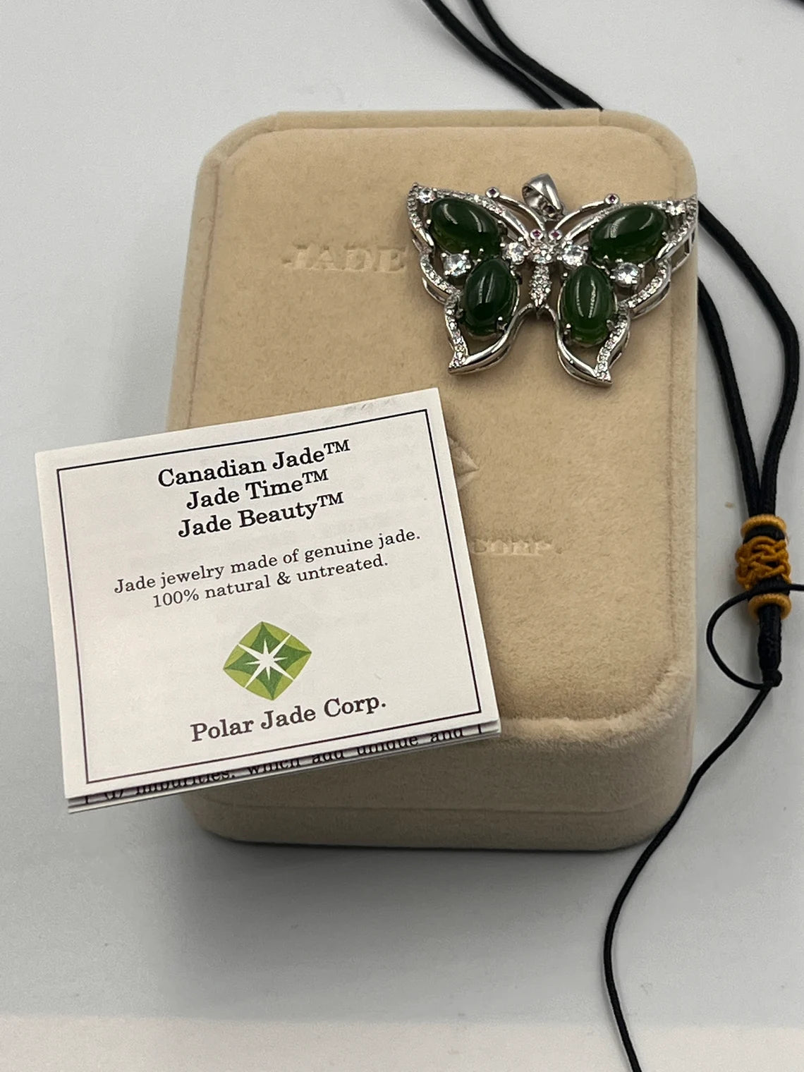 Butterfly Pendant Necklace of Green Nephrite Jade & Cubic Zirconia in Sterling Silver on 18" rope Chain - Royaltreasuryhouse