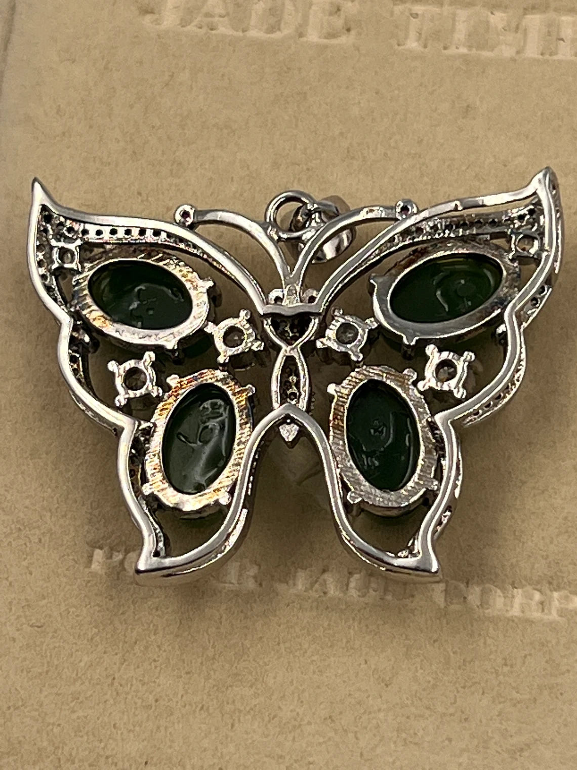 Butterfly Pendant Necklace of Green Nephrite Jade & Cubic Zirconia in Sterling Silver on 18" rope Chain - Royaltreasuryhouse