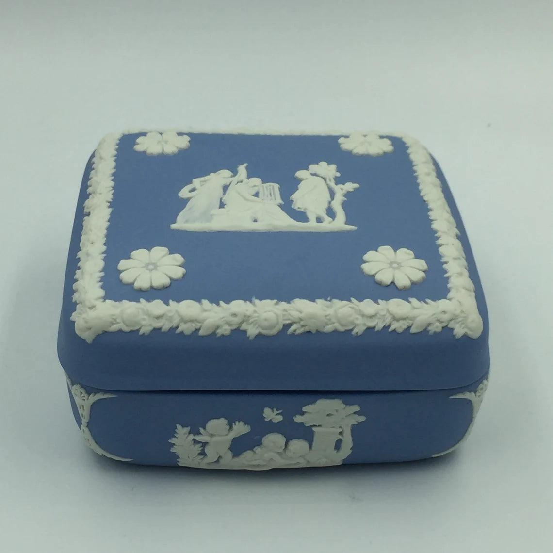 Wedgwood Blue Jasperware Blue Square Shape Lidded Trinket/ Jewellery Box. - Royaltreasuryhouse