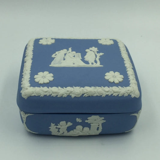 Wedgwood Blue Jasperware Blue Square Shape Lidded Trinket/ Jewellery Box. - Royaltreasuryhouse