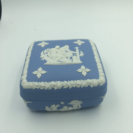 Vintage Wedgwood England Jasperware Blue Square Trinket Box - Royaltreasuryhouse