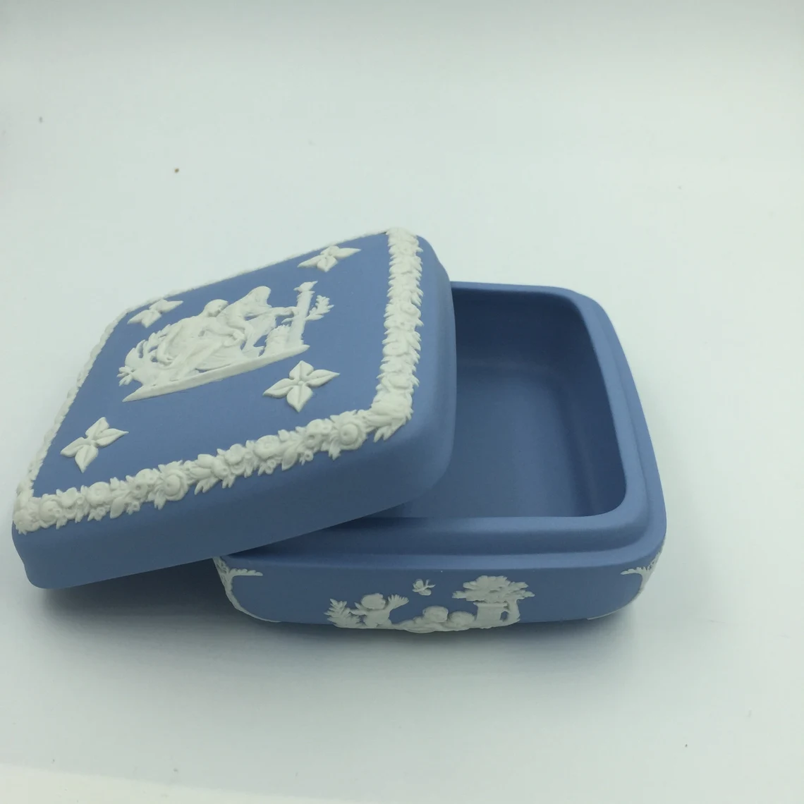 Vintage Wedgwood England Jasperware Blue Square Trinket Box - Royaltreasuryhouse