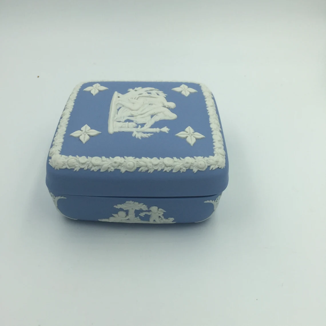 Vintage Wedgwood England Jasperware Blue Square Trinket Box - Royaltreasuryhouse