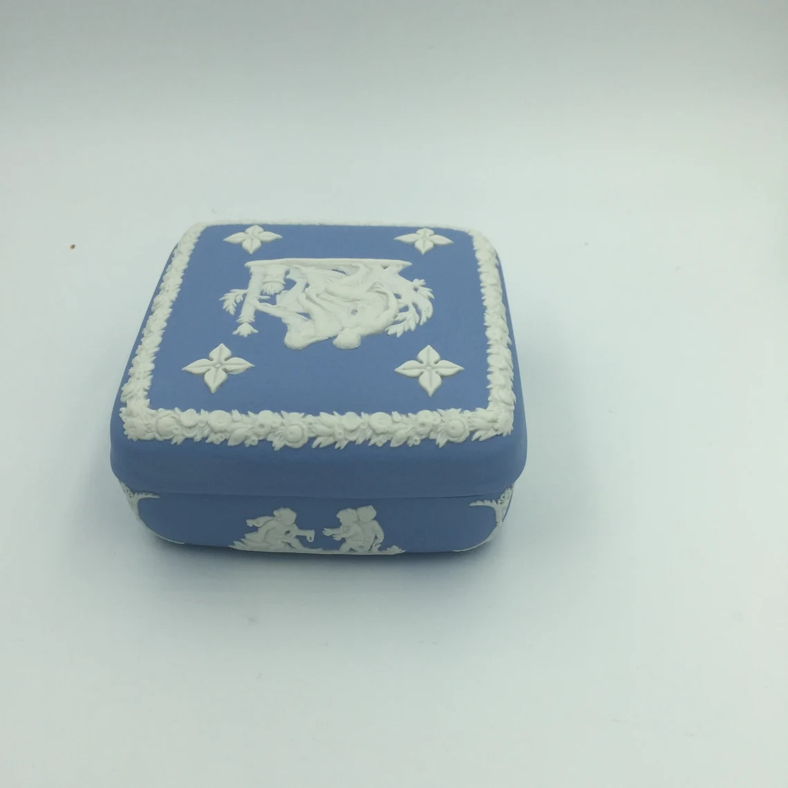 Vintage Wedgwood England Jasperware Blue Square Trinket Box - Royaltreasuryhouse