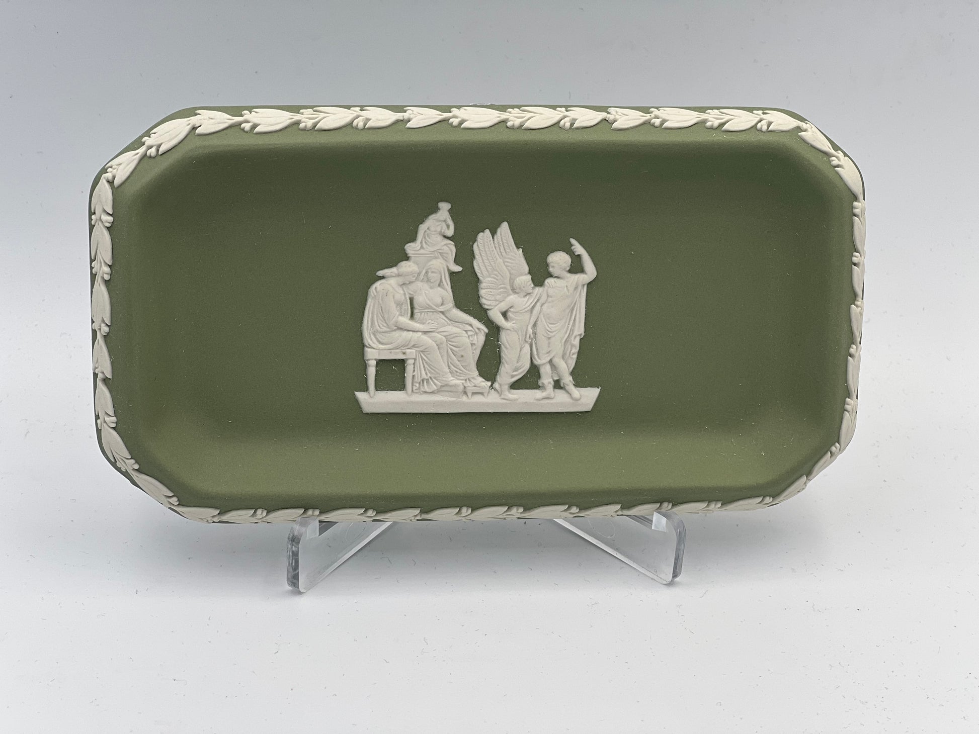 Wedgwood Green Jasperware Rectangular Trinket Dish 6" length - Royaltreasuryhouse