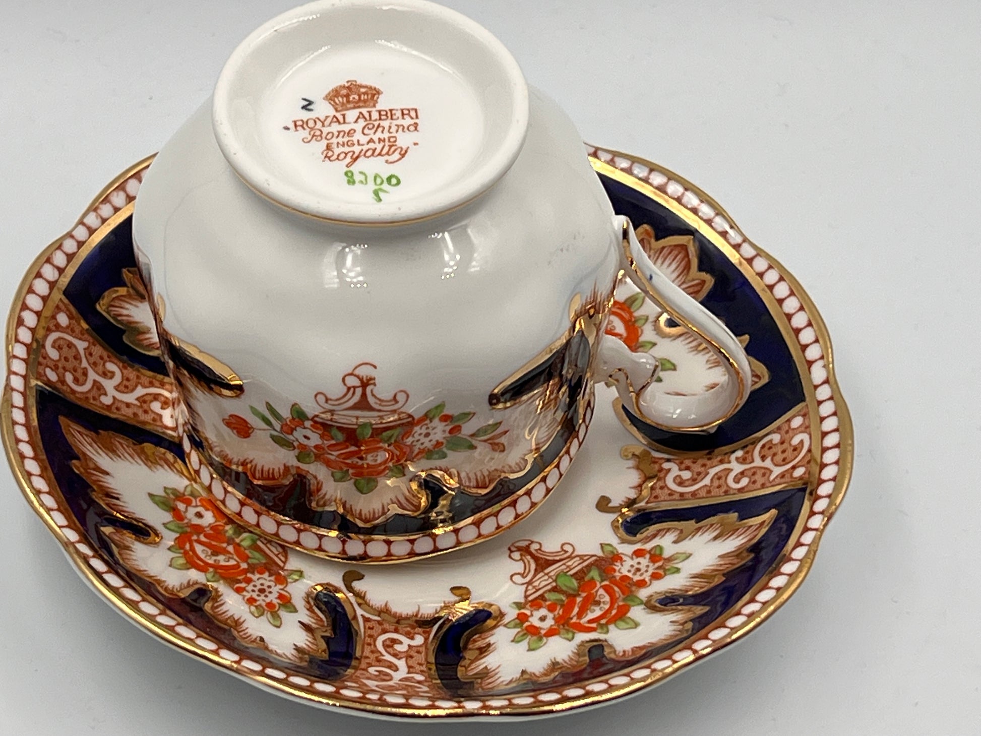 Royal Albert ROYALTY Bone China Blue Border Enameled Florals CUP & SAUCER - Royaltreasuryhouse