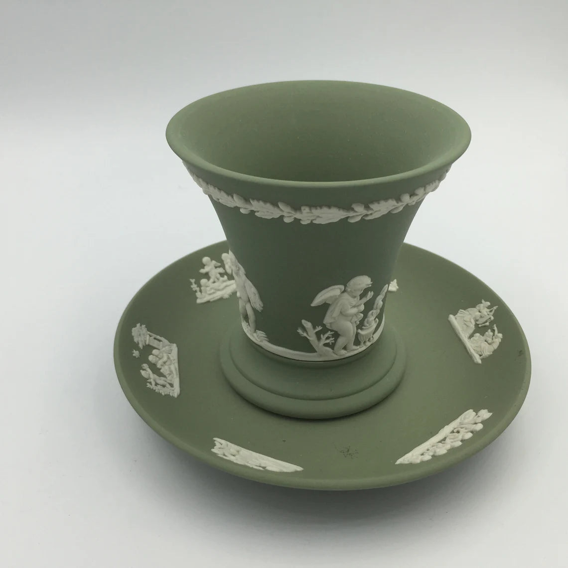 Wedgwood Green Jasperware White Relief Seasons Sage Green Jasper Vase with Dish - Royaltreasuryhouse