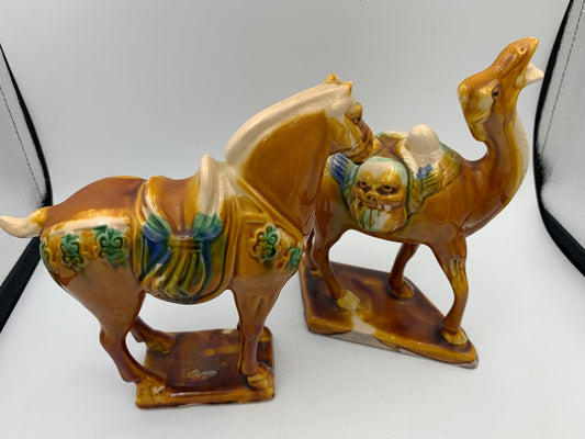1980's Vintage Chinese Sancai Glaze Porcelain Tang Camel and Horse Figures