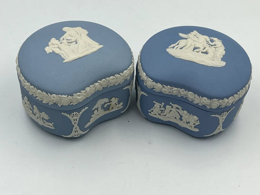 Pair of Vintage Wedgwood Blue Jasperware Cupid Design Kidney Bean Shaped Trinket Box - Royaltreasuryhouse