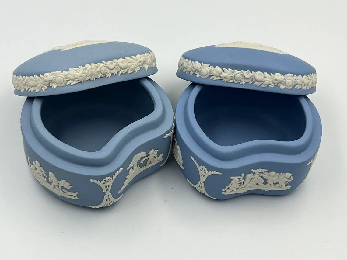 Pair of Vintage Wedgwood Blue Jasperware Cupid Design Kidney Bean Shaped Trinket Box - Royaltreasuryhouse