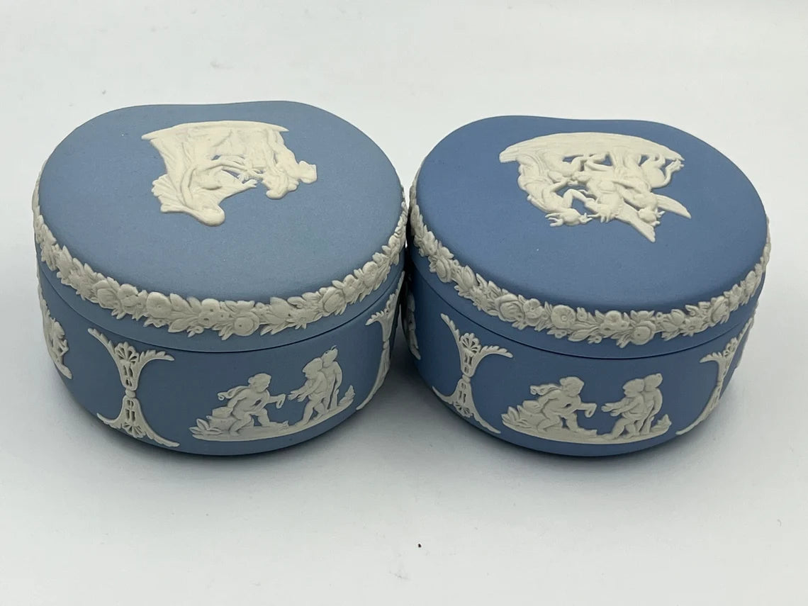 Pair of Vintage Wedgwood Blue Jasperware Cupid Design Kidney Bean Shaped Trinket Box - Royaltreasuryhouse