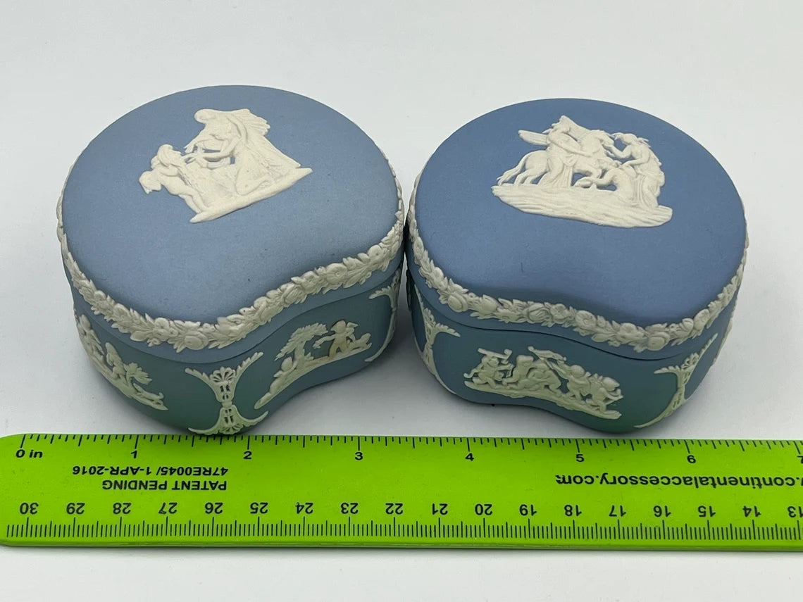 Pair of Vintage Wedgwood Blue Jasperware Cupid Design Kidney Bean Shaped Trinket Box - Royaltreasuryhouse